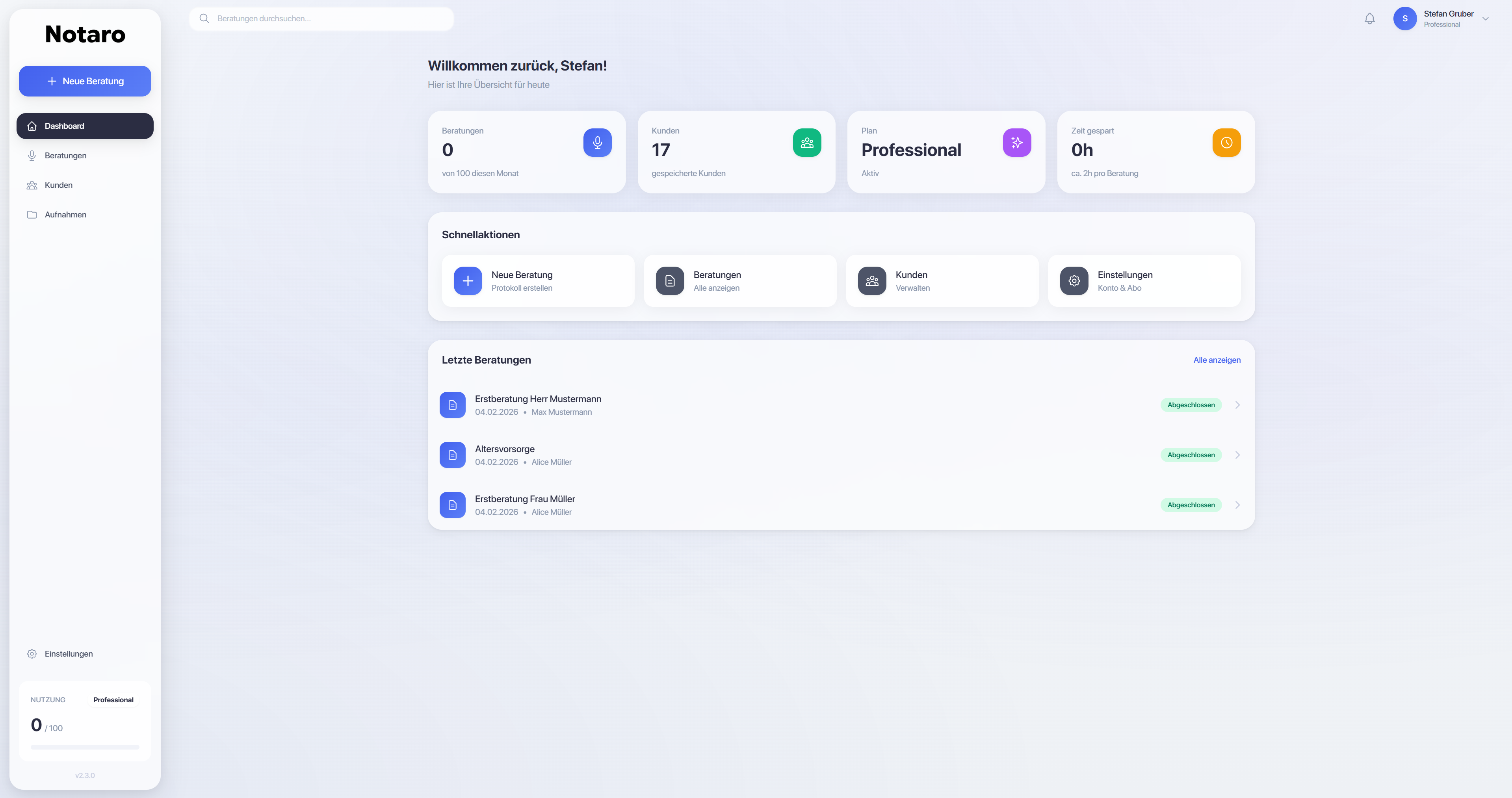 Notaro Dashboard - Übersicht über Beratungen, Kunden und Protokolle